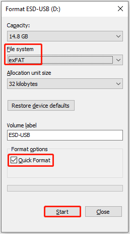 The File system, Quick Format, Start option selected in the Format ESD USB interface.