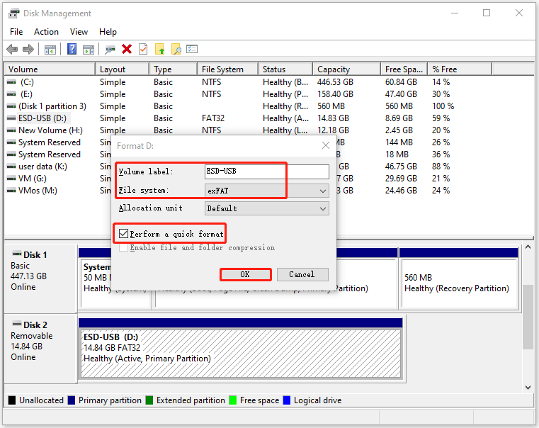Disk Management interface with the Format Disk box to set the file system, volume label, and confirm.
