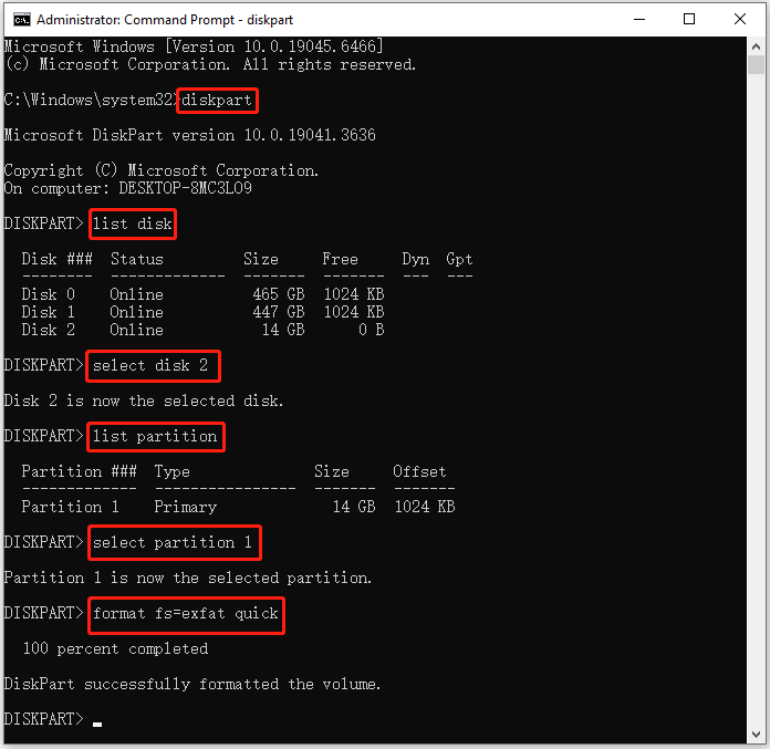 The DiskPart interface with the corresponding format commands in order.