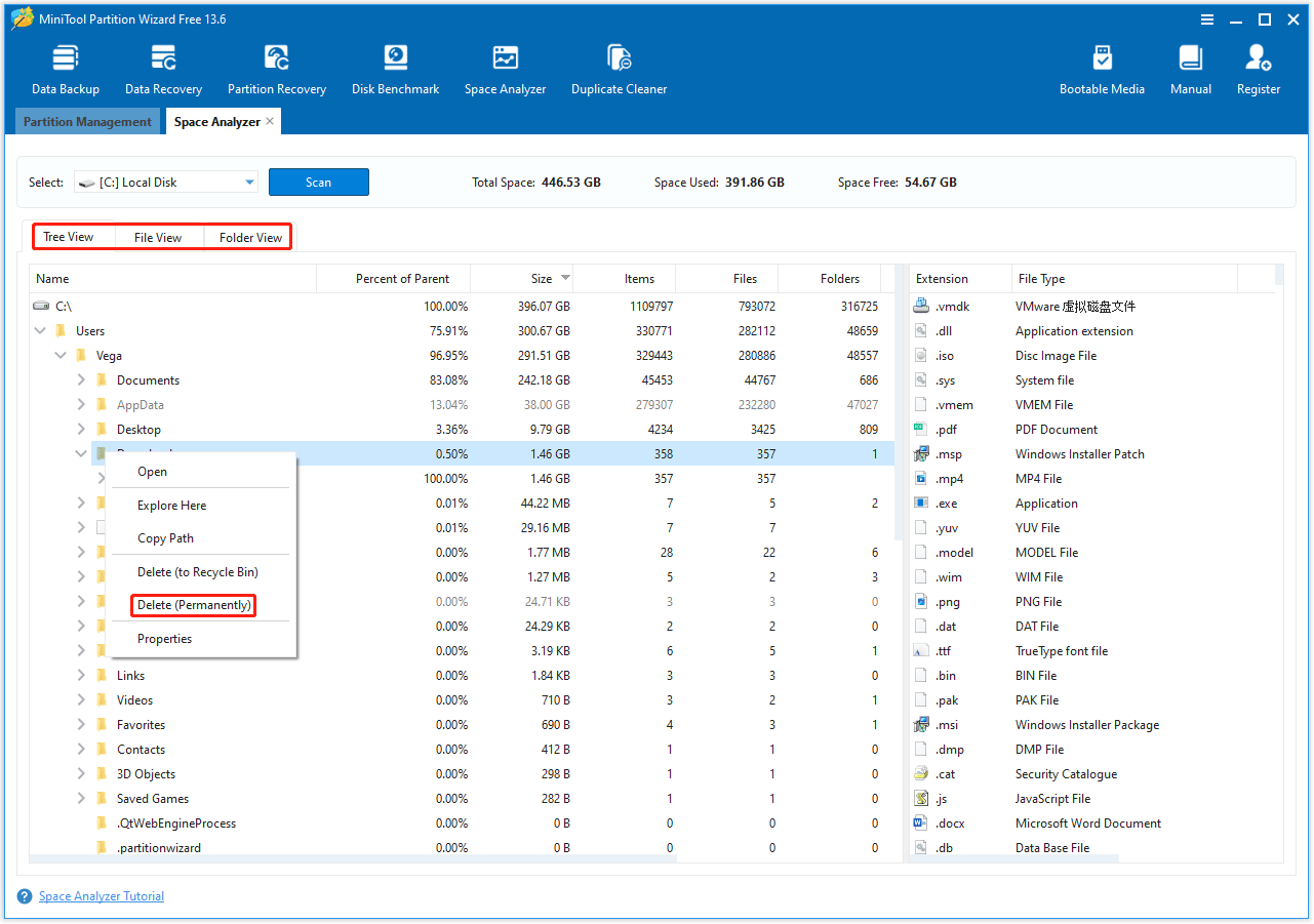 The Space Analyzer interface with the Tree View, File, View, Folder View, and Delete Permanently options selected.