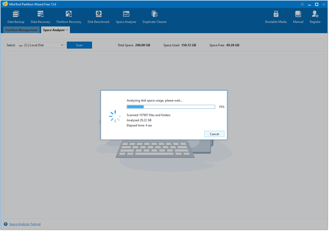 The Space Analyzer interface with the selected Scan option.