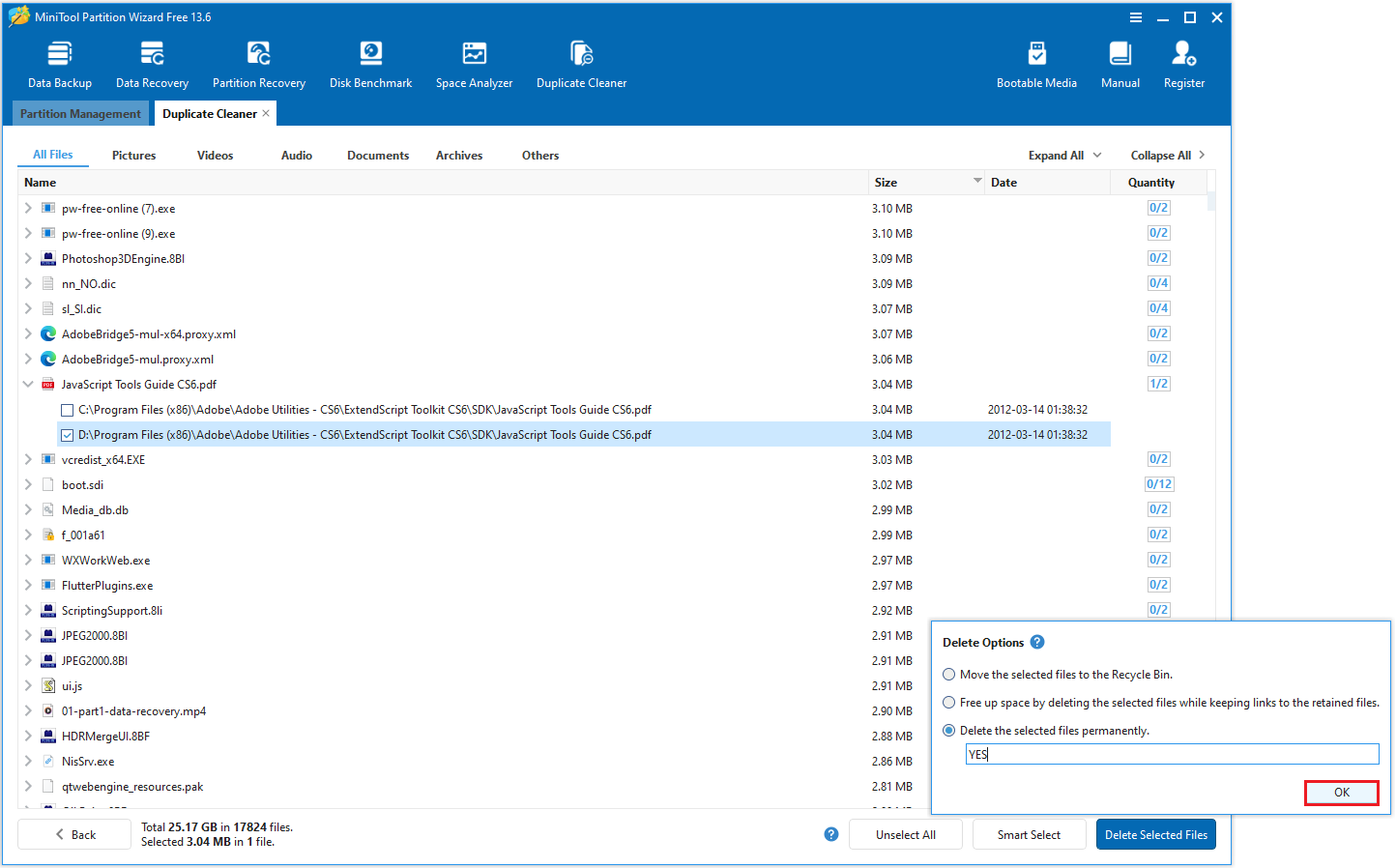 The Delete the selected files permanently and OK option selected in the bottom right corner of the MiniTool Partition Wizard interface.
