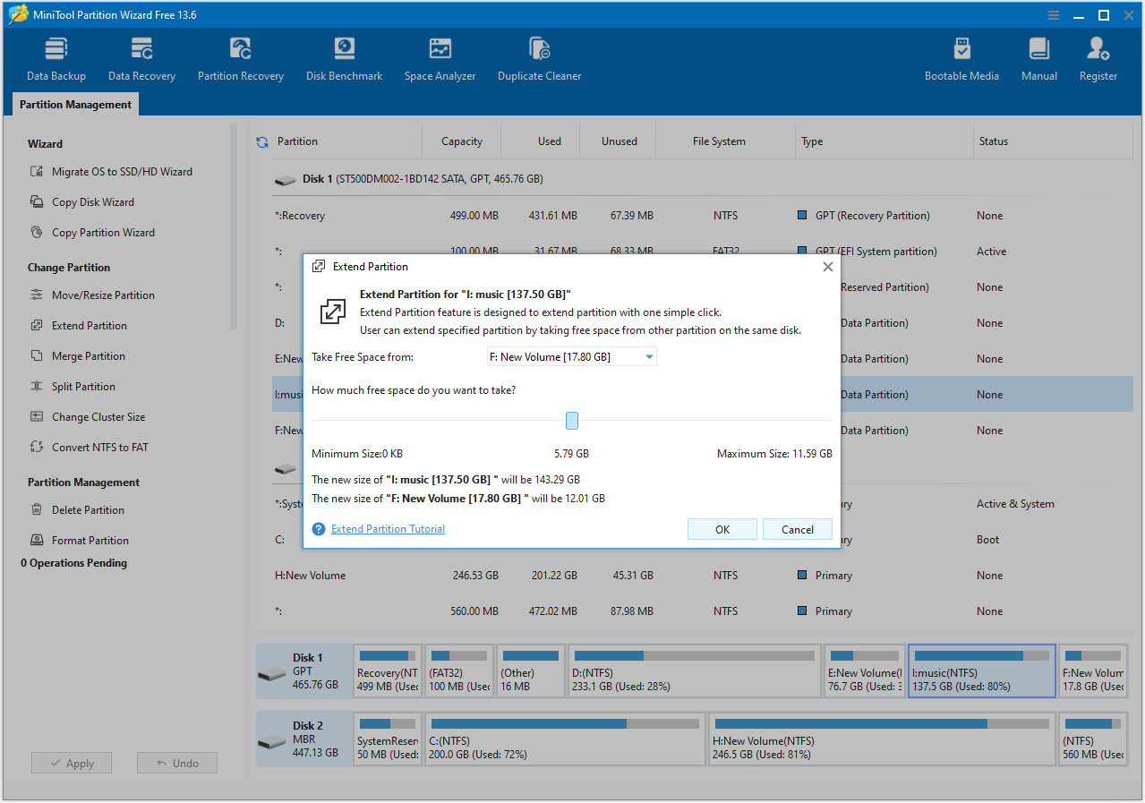 The Extend interface with the selected OK option.