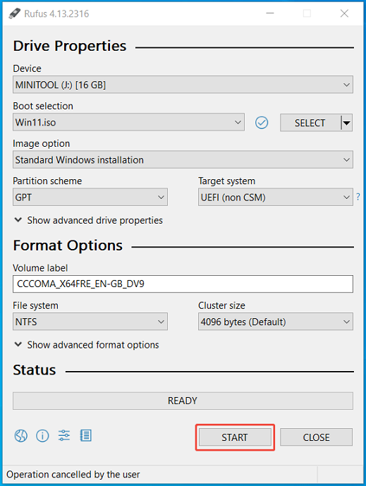 The Rufus window with the selected START button to create a bootable USB drive.