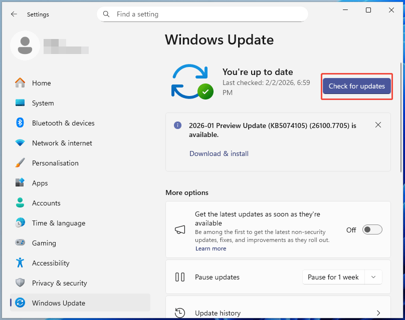 The Windows Update page in Windows 11 Settings with Check for updates selected.