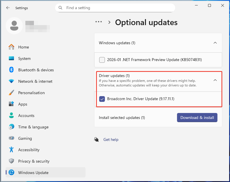 The Optional updates page in Settings with a selected driver update.