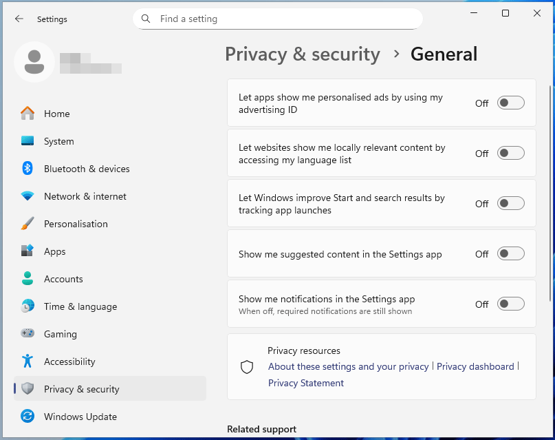 The General tab in Privacy & security to disable all toggles.