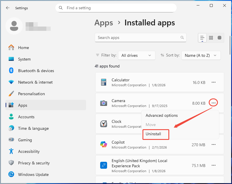The Installed apps page in Settings with three dots and Uninstall selected.