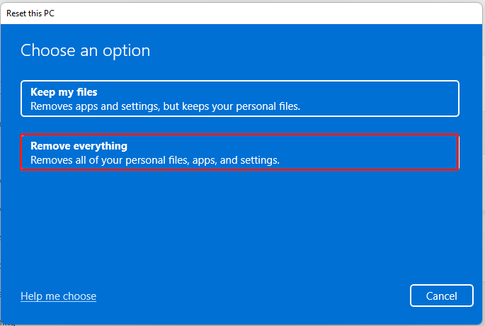The Reset this PC window with the selected Remove everything option.