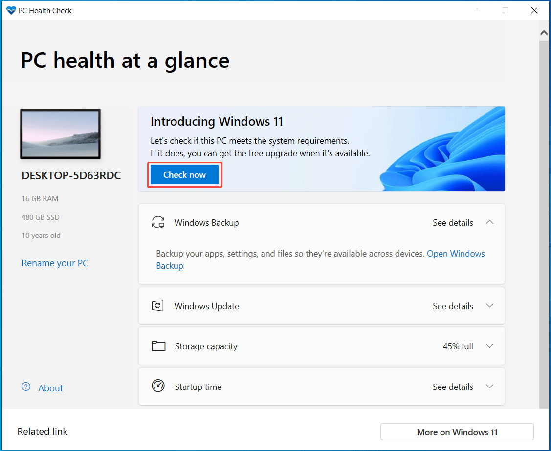 The PC Health Check window with Check now selected to check for Windows 11 compatibility.