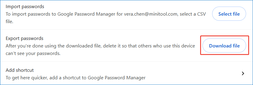 The screenshot showing how to export saved passwords in Chrome.