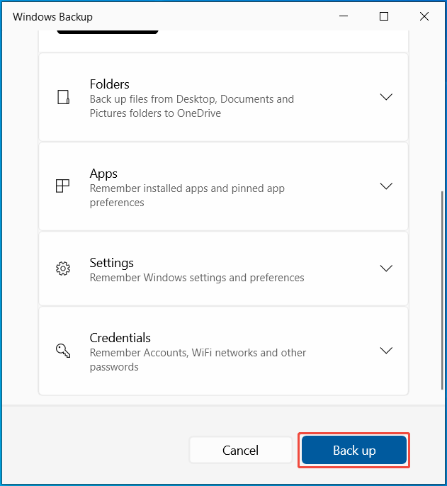 The Windows Backup app with the selected Back up button.