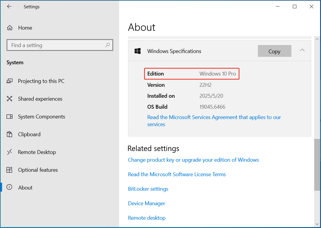 The About page in Settings showing the Windows edition.