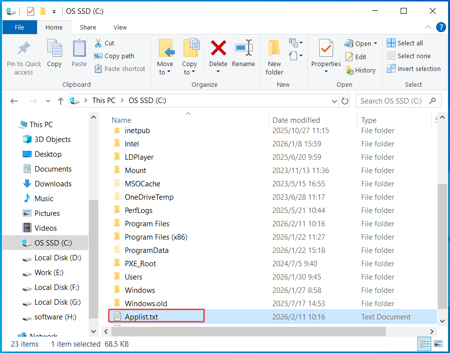 The C drive containing the Applist.txt file.