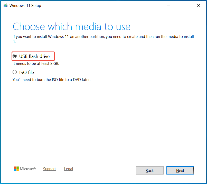 The Windows 11 Setup page of Media Creation Tool with selected USB flash drive.