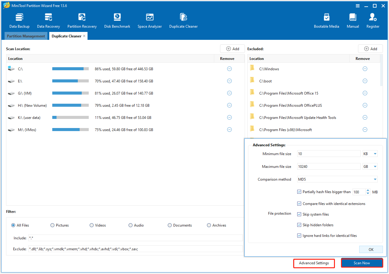 The MiniTool Partition Wizard with the Advanced Settings and Scan Now button in the bottom right corner.