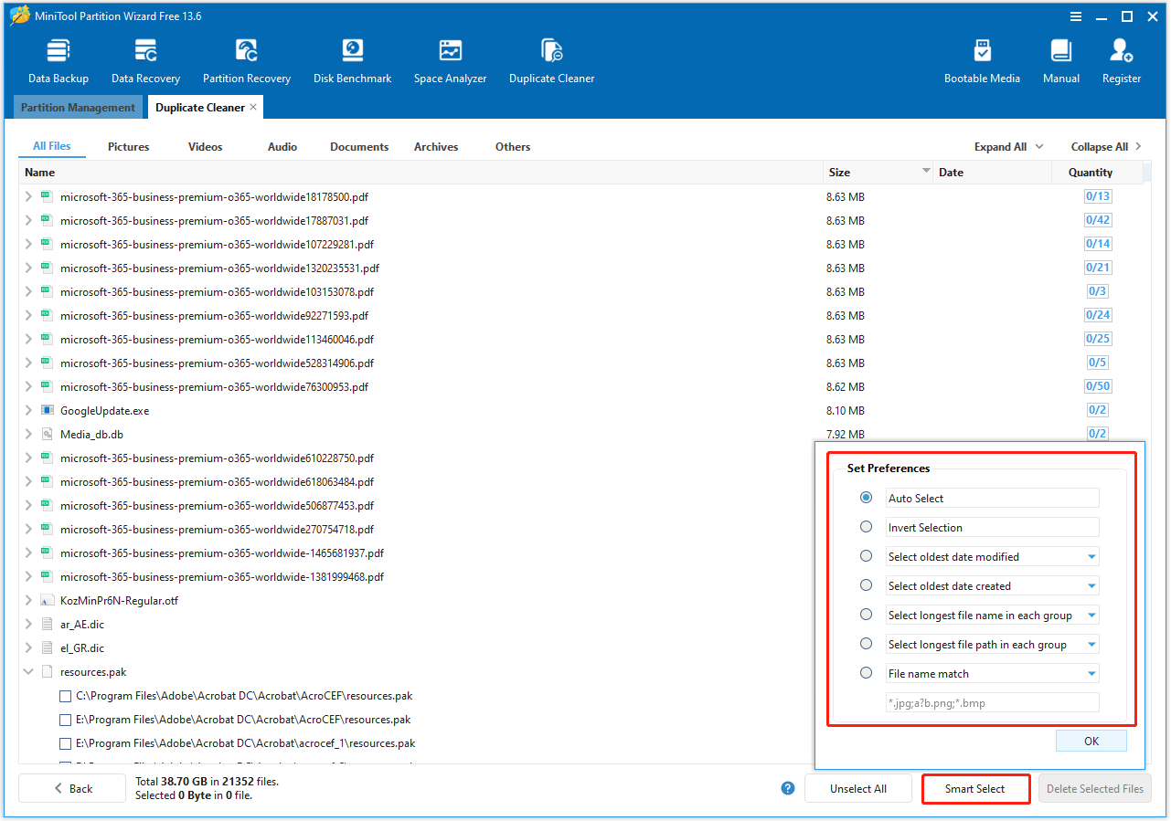 The Smart Select option selected in the bottom right corner of the MiniTool Partition Wizard interface.