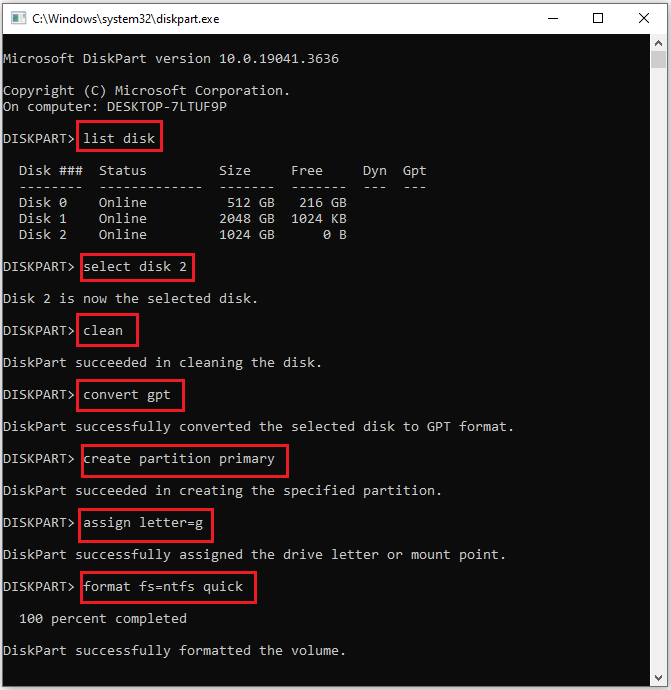 The Command Prompt interface to format a hard drive.