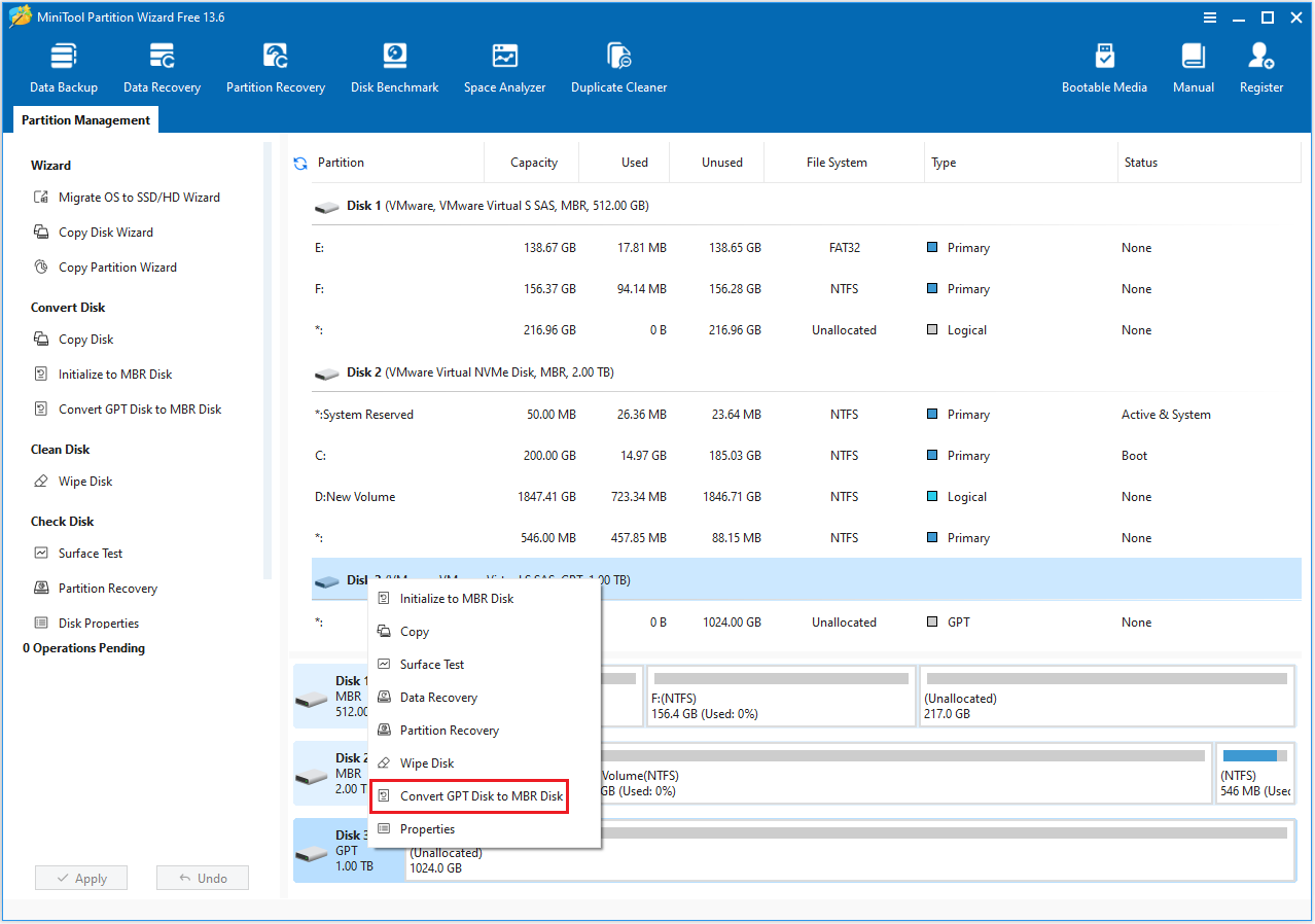 The MiniTool Partition Wizard interface with the selected Convert GPT to MBR Disk option.