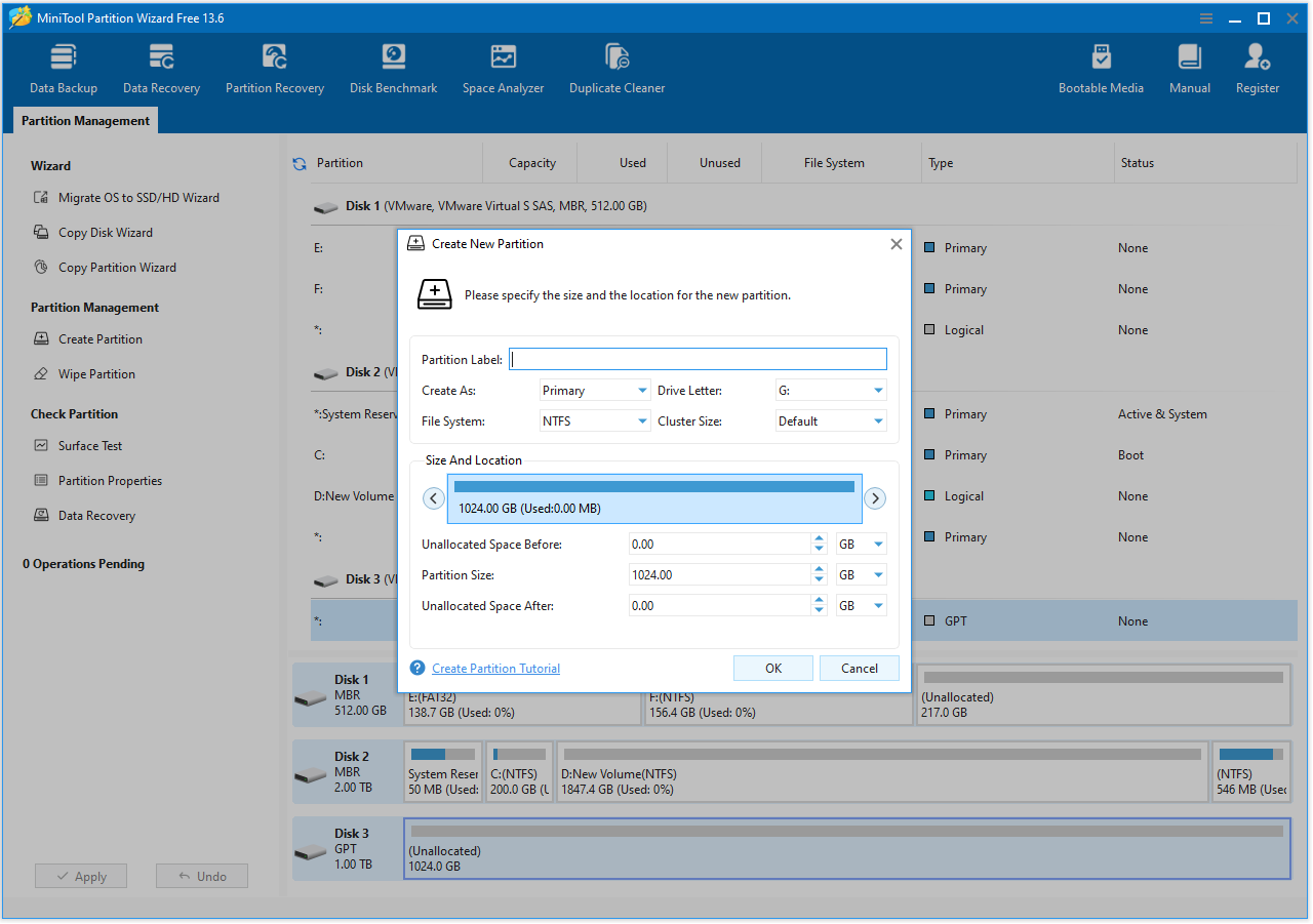 The Create New Partition interface with the selected OK option.