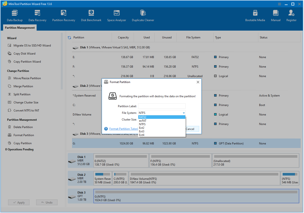 The Format Partition interface with the selected file system.
