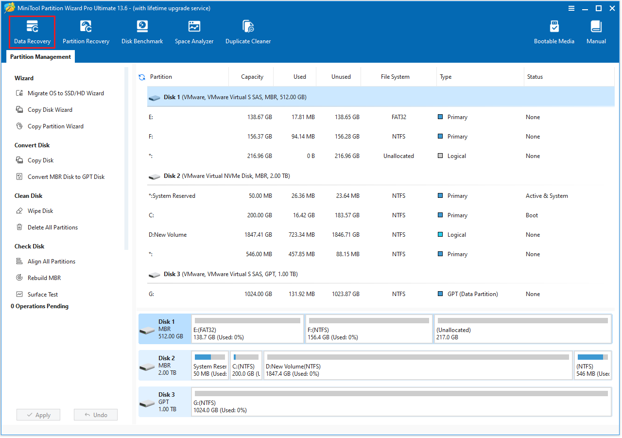 The MiniTool Partition Wizard interface with the selected Data Recovery option.