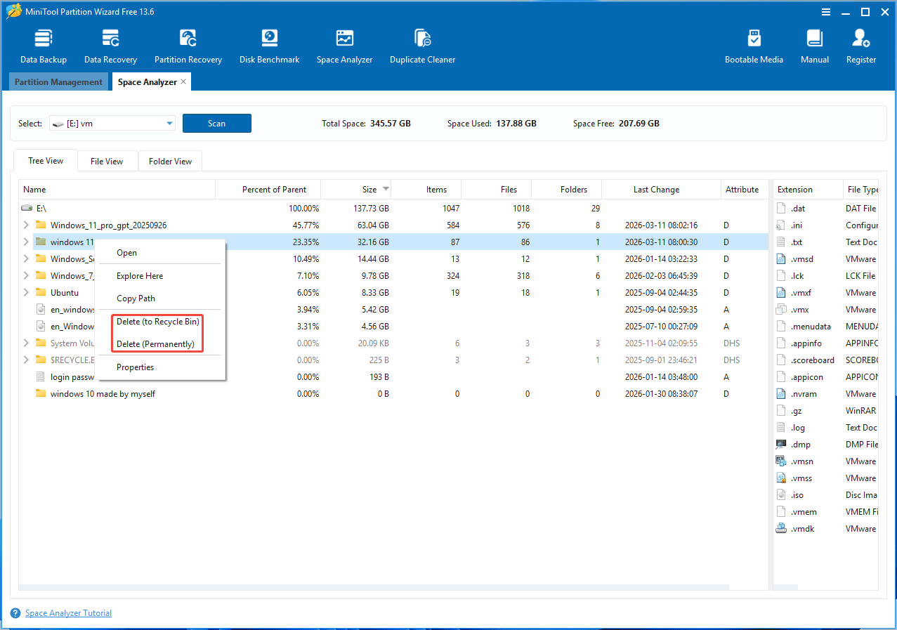 Alt= MiniTool Partition Wizard Space Analyzer window with the selected files to delete.
