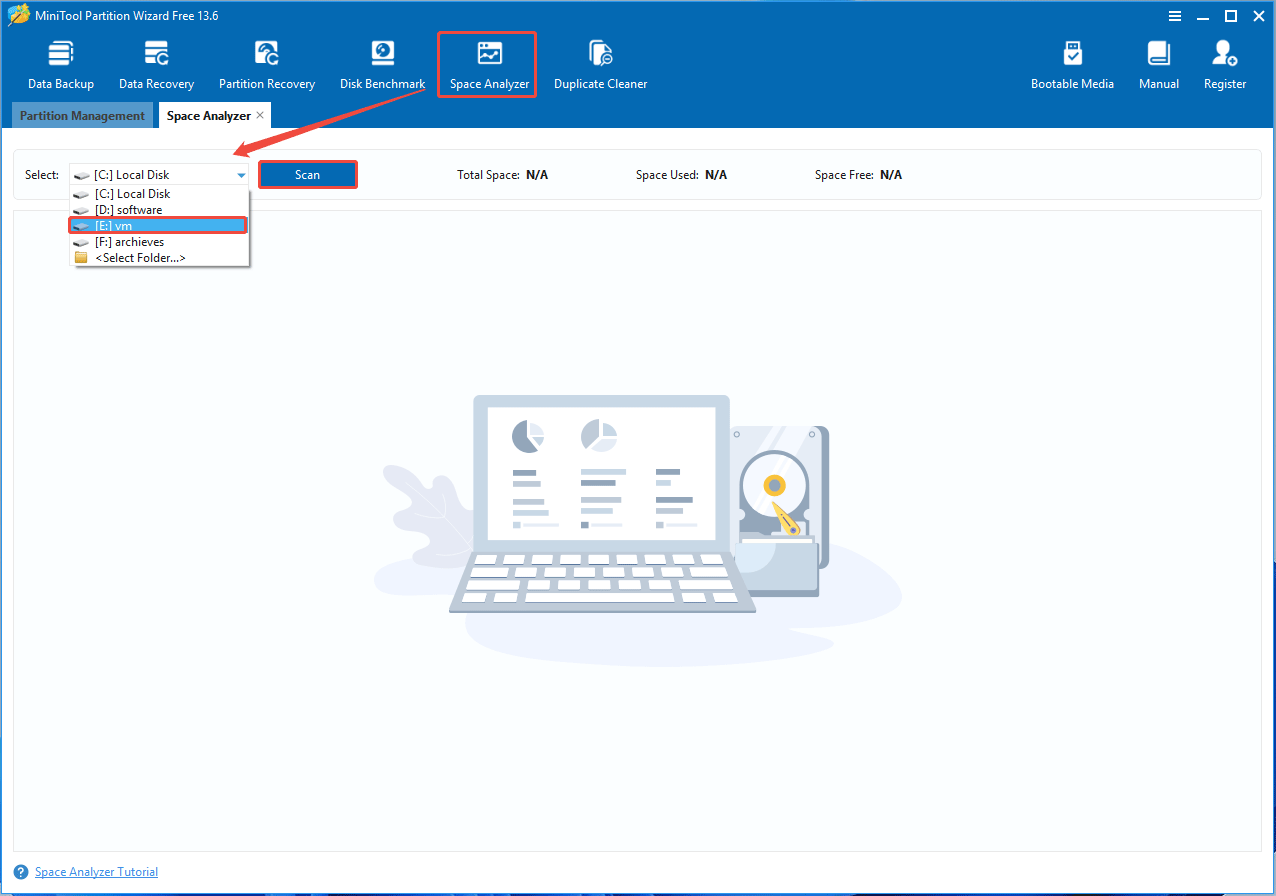 Alt= MiniTool Partition Wizard Space Analyzer window with the selected E drive for scanning.