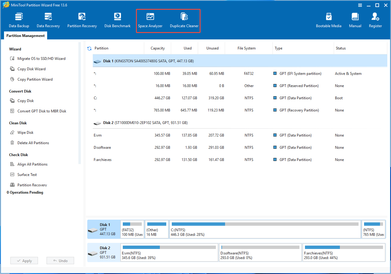 The MiniTool Partition Wizard interface with the selected Space Analyzer and Duplicate Cleaner features.