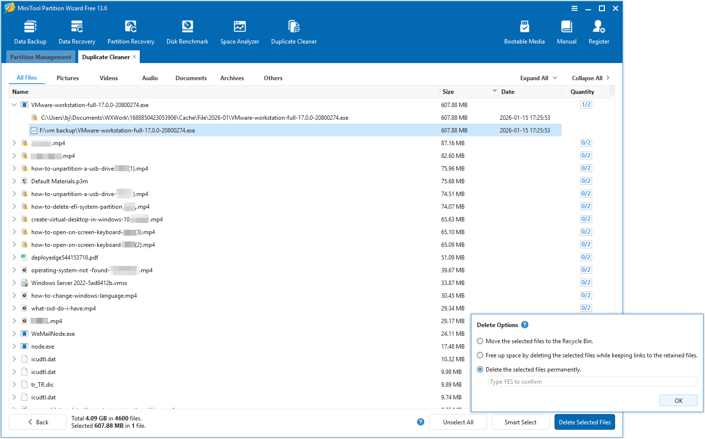 MiniTool Partition Wizard Duplicate Cleaner window with the selected duplicate files to delete.