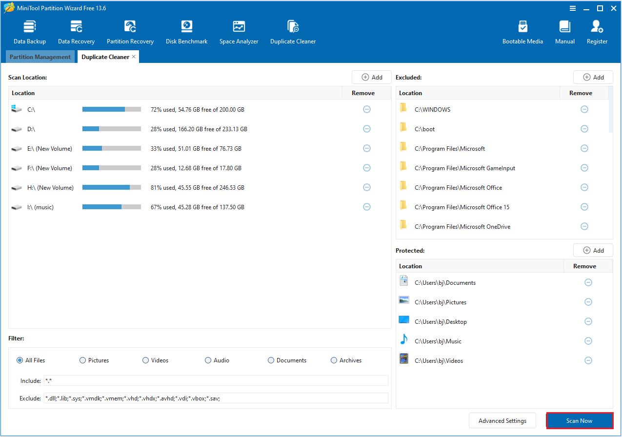 MiniTool Partition Wizard Duplicate Cleaner interface with the selected Scan Now option.