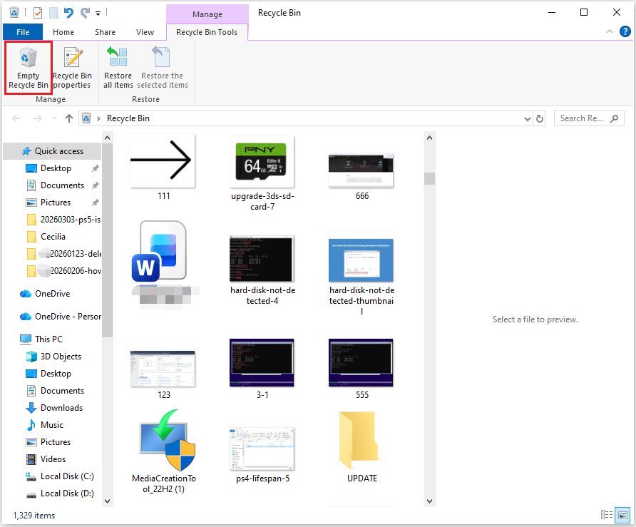 The Recycle Bin interface with the selected Empty Recycle Bin option.