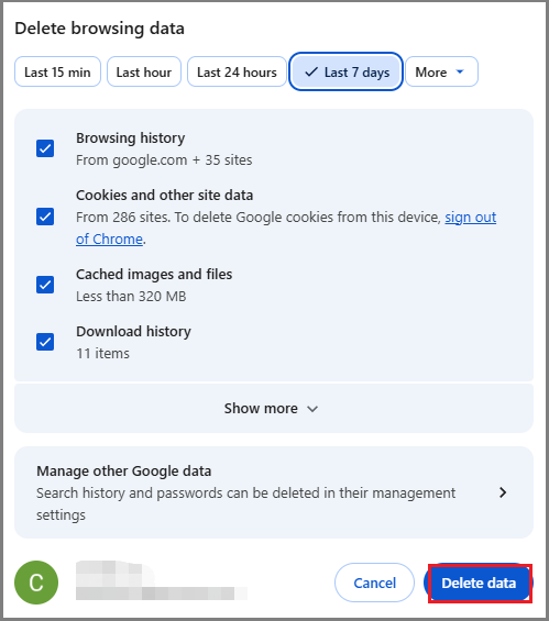 The Delete browsing data interface with the selected Delete data option.