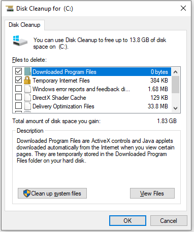 The Disk Cleanup for c drive interface with the selected OK option.