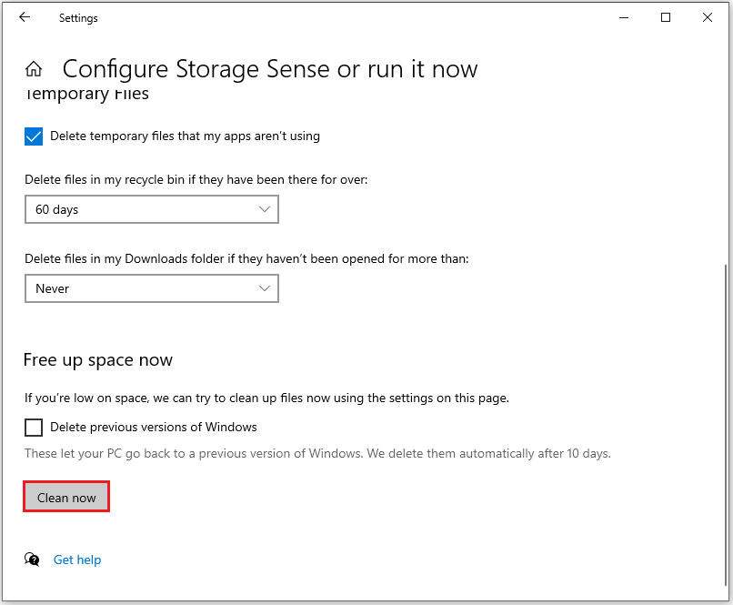The Configure Storage Sense or run it now interface with the selected Clean now option.