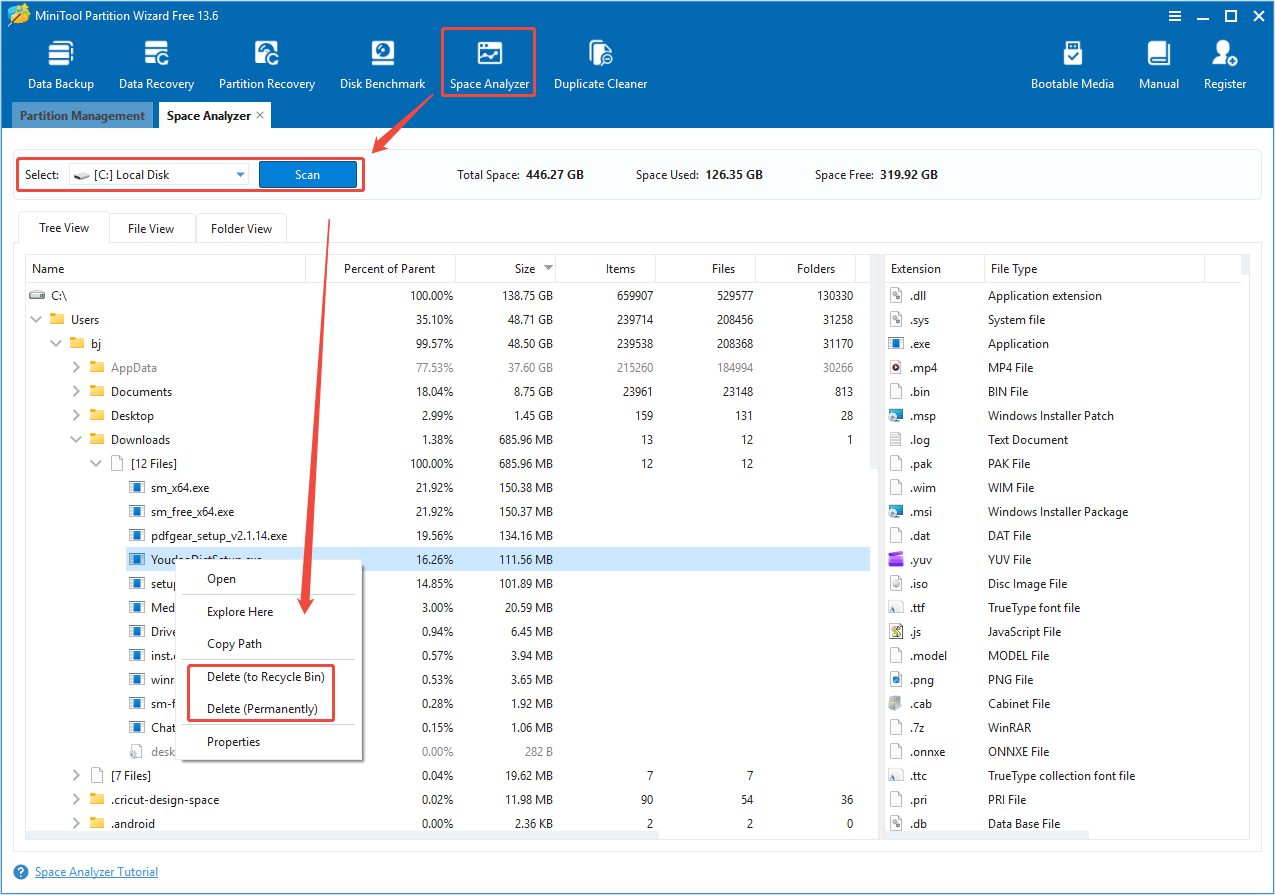 MiniTool Partition Wizard Space Analyzer window with the selected files to delete.