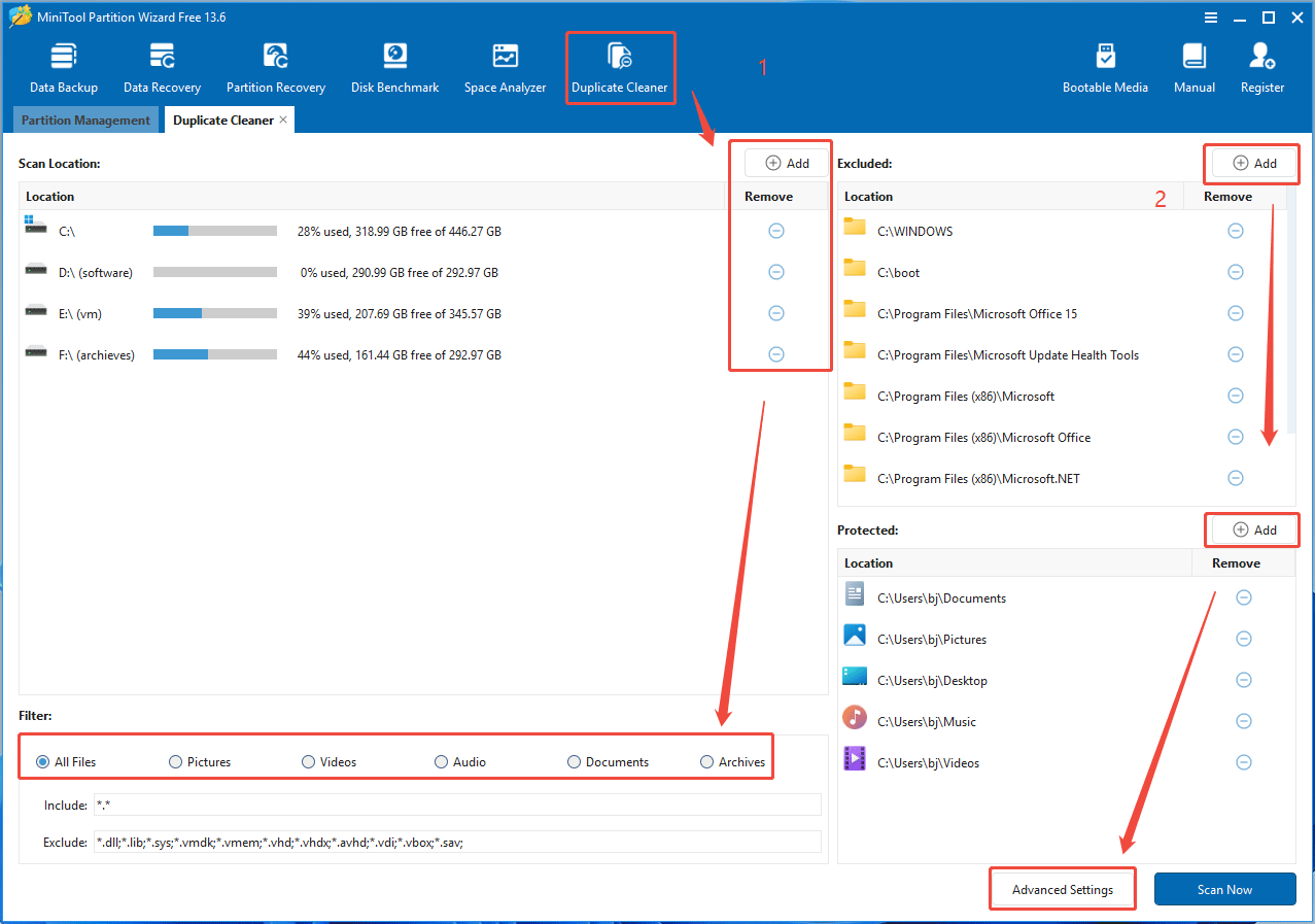 MiniTool Partition Wizard Duplicate Cleaner interface with arrows to guide the scanning.