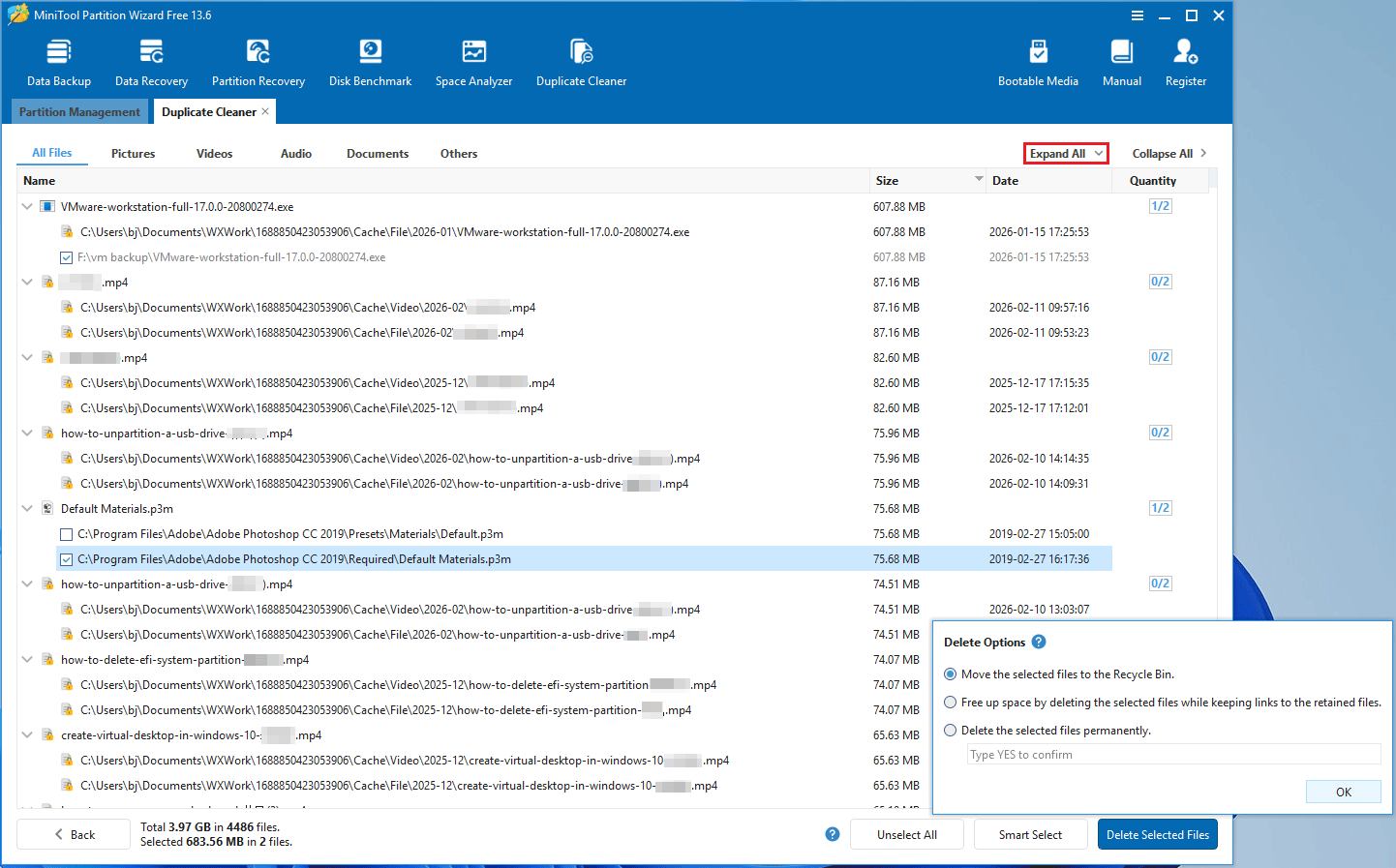 MiniTool Partition Wizard Duplicate Cleaner interface with selected files to delete.