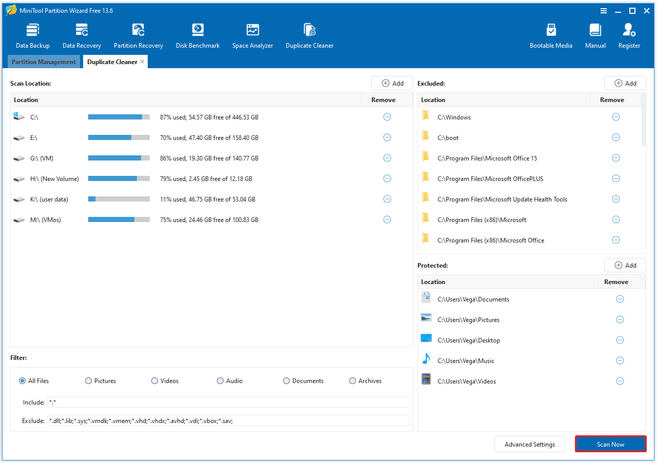 The MiniTool Partition Wizard with the Scan Now button in the bottom right corner.