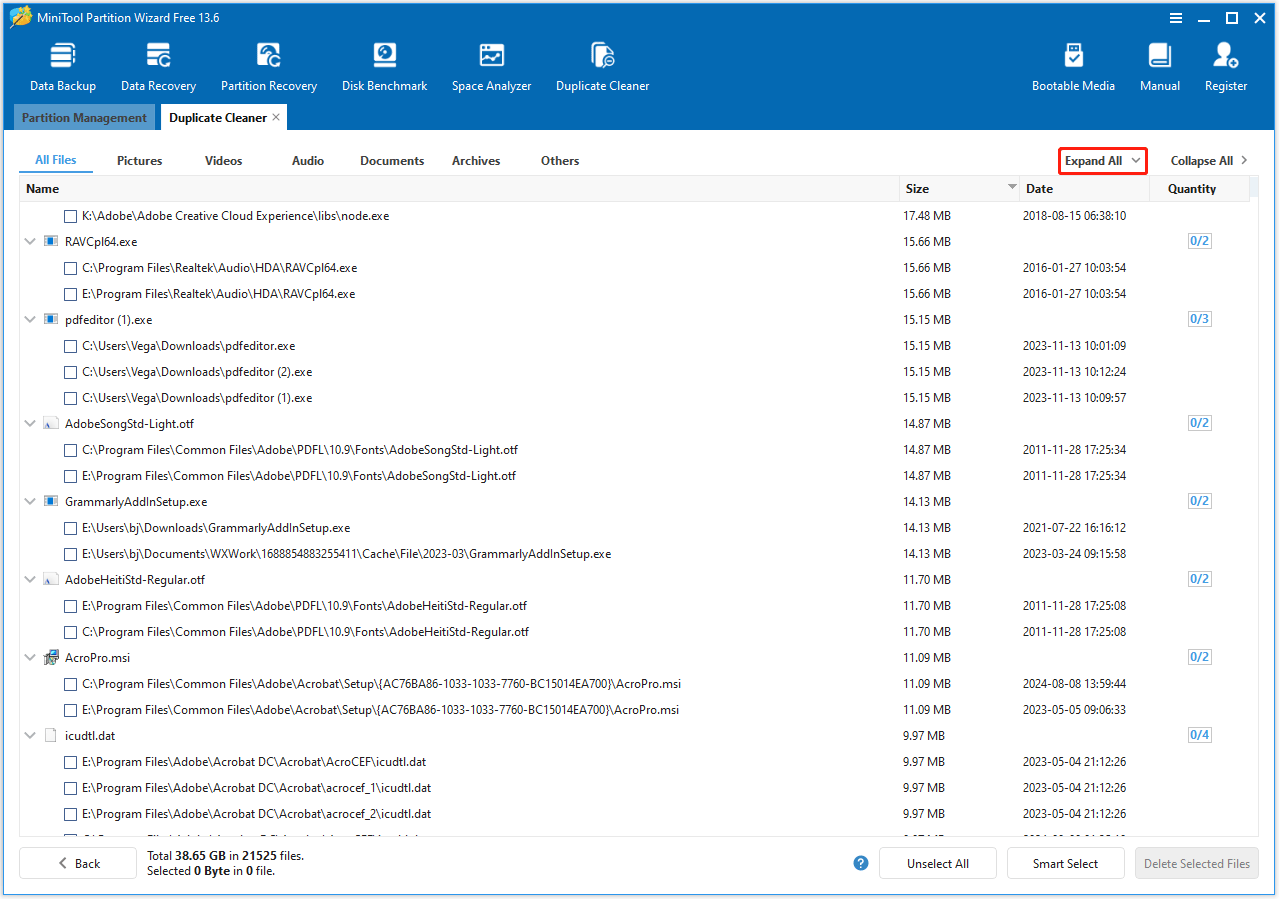 The Expand All option selected in the bottom right corner of the MiniTool Partition Wizard interface.