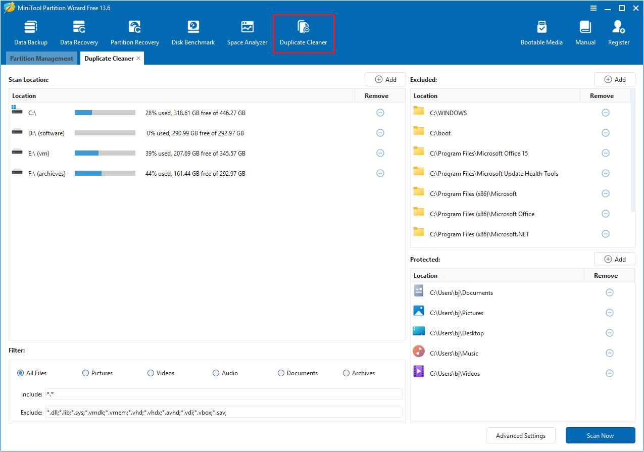 MiniTool Partition Wizard Duplicate Cleaner window showing the scan locations.