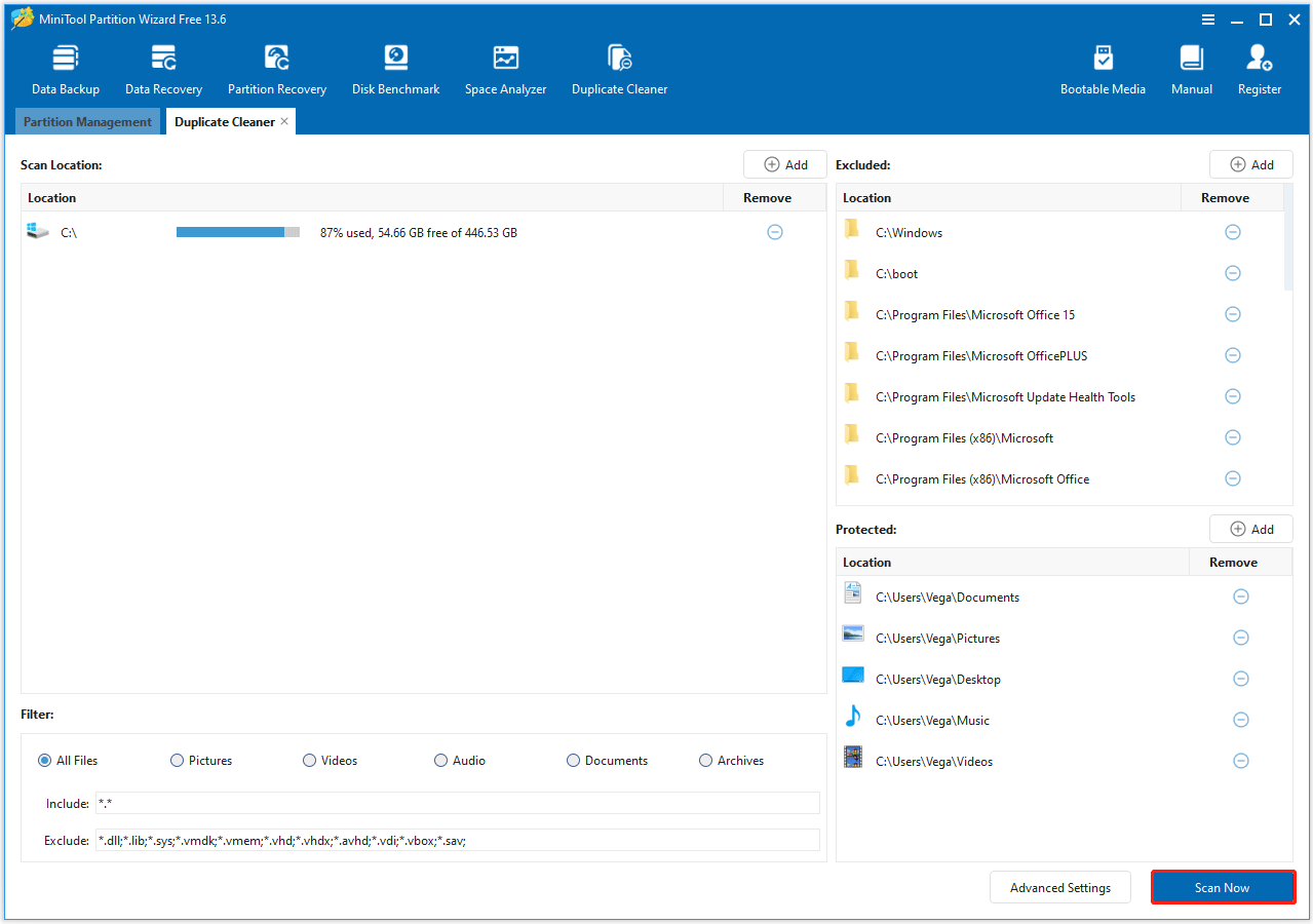 alt= The MiniTool Partition Wizard with the Scan Now button in the bottom right corner.
