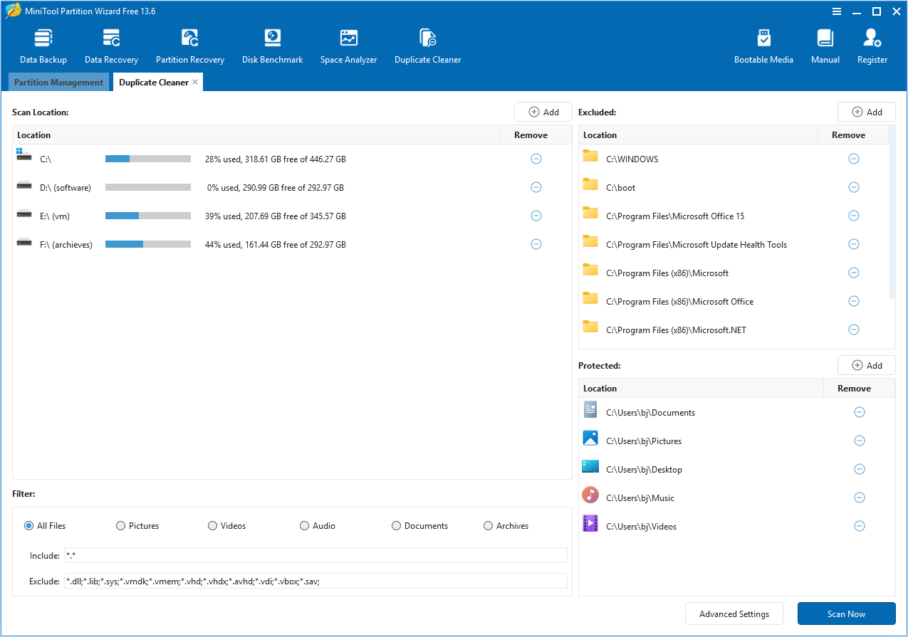MiniTool Partition Wizard Duplicate Cleaner window showing the scan locations.