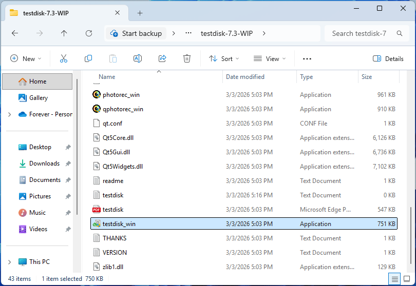 The Windows File Explorer interface showing the selected testdisk win file in the extracted folder.