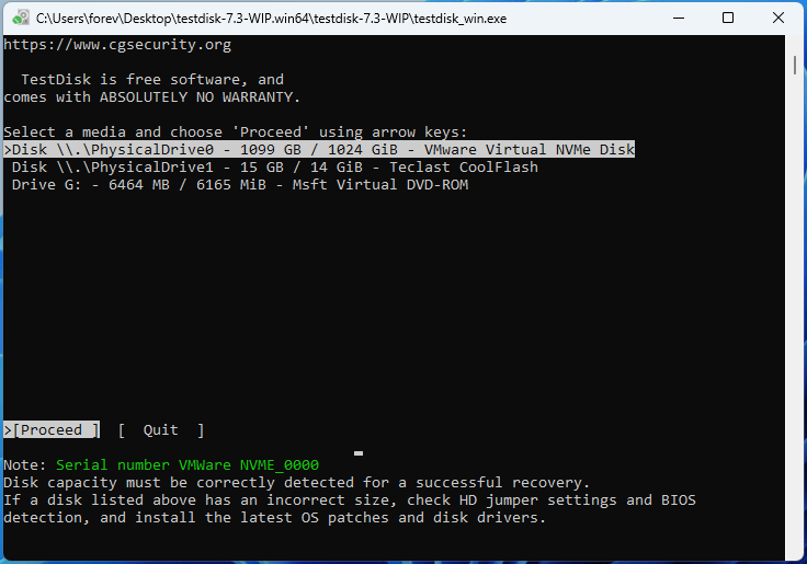 The TestDisk interface with the selected disk for proceeding.