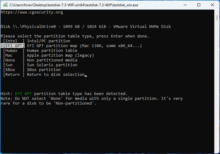 The TestDisk interface with the selected partition table type.