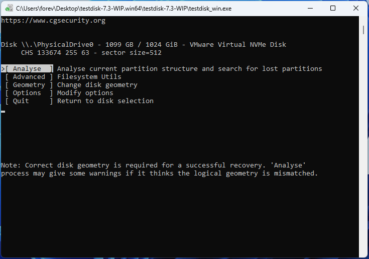 The TestDisk interface with the selected Analyse option.