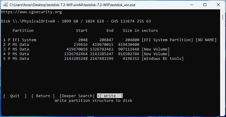 The TestDisk interface showing the partitions to be written to disk.