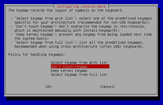 GParted Live USB configuring window with the selected do not touch keymap option.