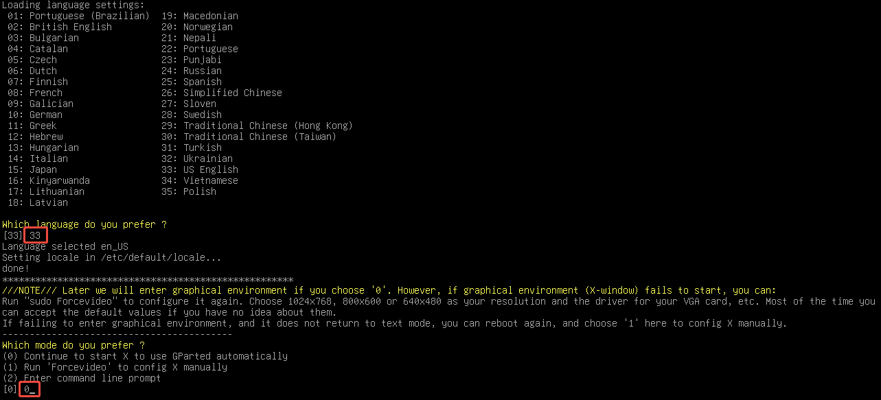 GParted Live USB configuration window asking you to choose language and mode.